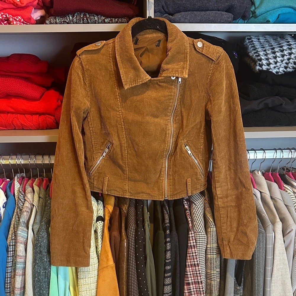 Unbranded brown corduroy 2 pocket front zipper cropped moto jacket size XS - Picture 2 of 3